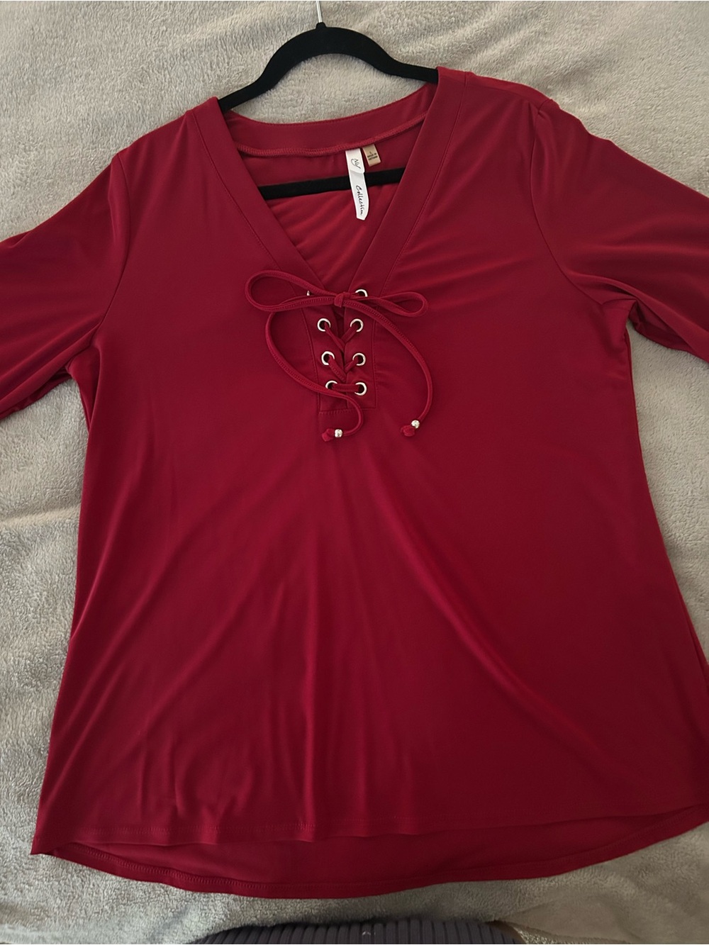 NY Collection Lace-Up V-Neck Long Sleeve Top in Burgundy
